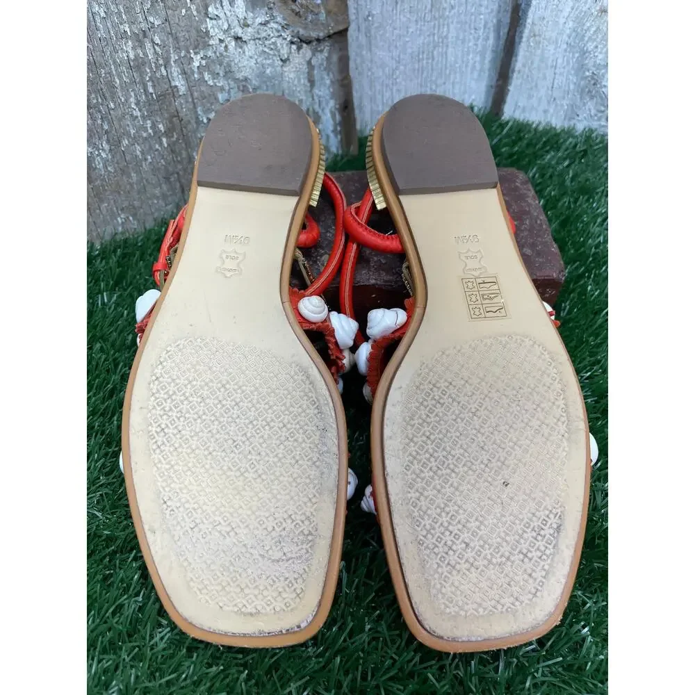 Tory Burch Sinclair Seashell Ankle-Wrap Sandal Coral Orange Red Women's 9.5M